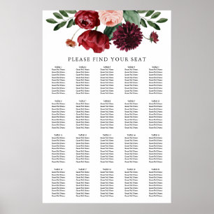 Póster Fall Burgundy Floral Wedding Seating Chart