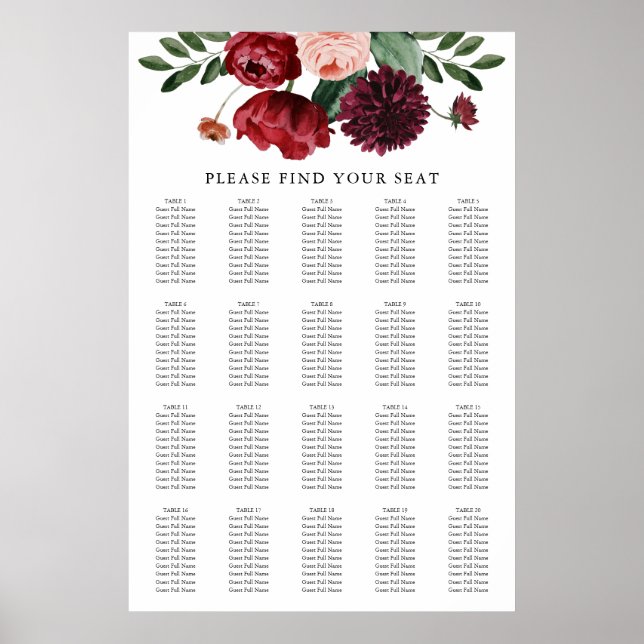 Póster Fall Burgundy Floral Wedding Seating Chart (Frente)