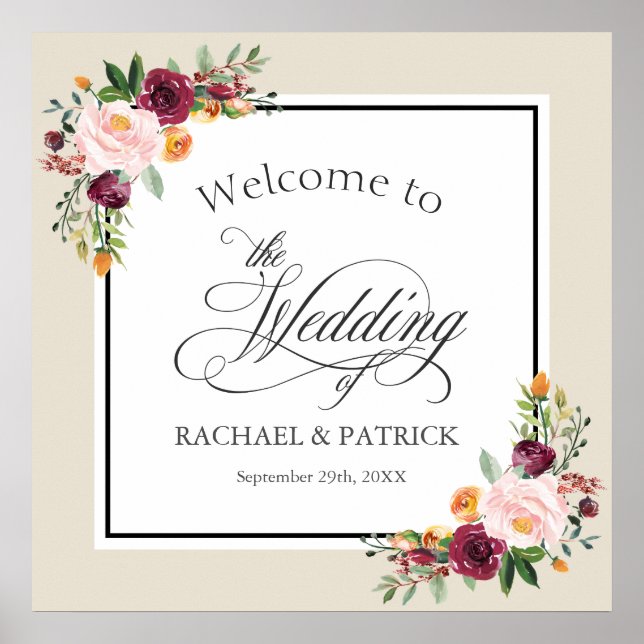 Póster Fall Floral Border Wedding Welcome Signage (Frente)