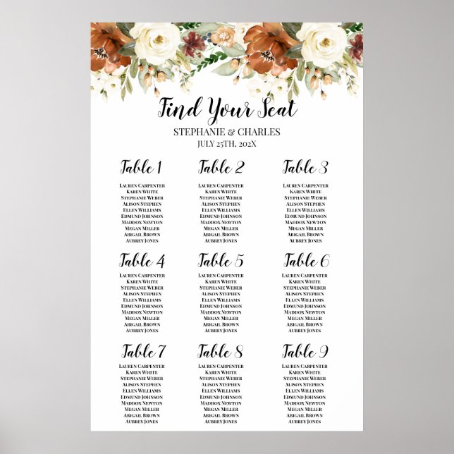 Póster Fall floral Wedding Seating Chart (Frente)