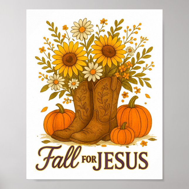 Póster Fall For Jesus Western Boots Pumpkin Floral Faith  (Frente)