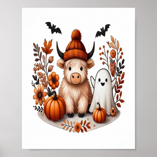 Póster Fall Highland Cow Ghost , Otoño (Frente)