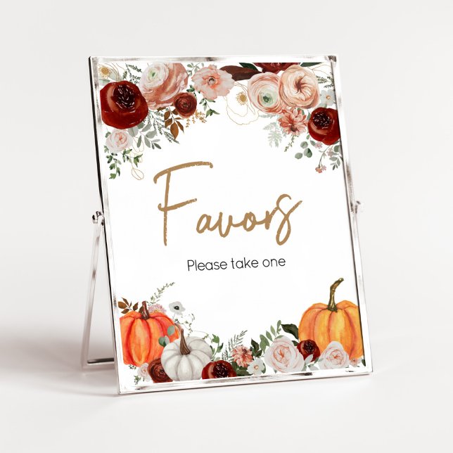 Póster Fall Marsala Borgoña Favor de calabaza floral (Fall Floral Pumpkin Baby Shower Favors Sign)