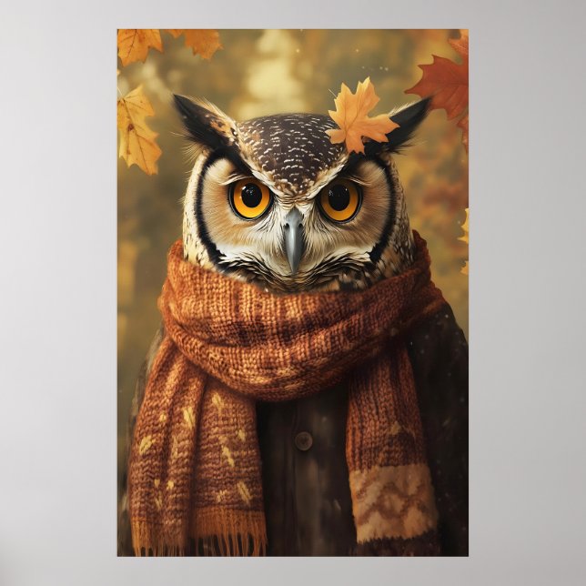 Póster Fall Owl Art Print, Autumn Clothes, Rustic Home (Frente)
