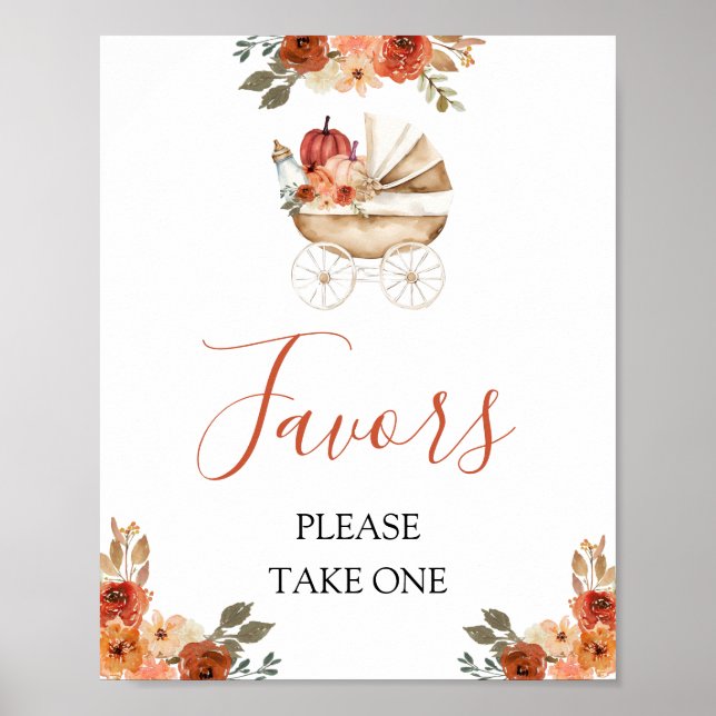 Póster Fall Pumpkin Stroller Floral Baby Shower Favors (Frente)