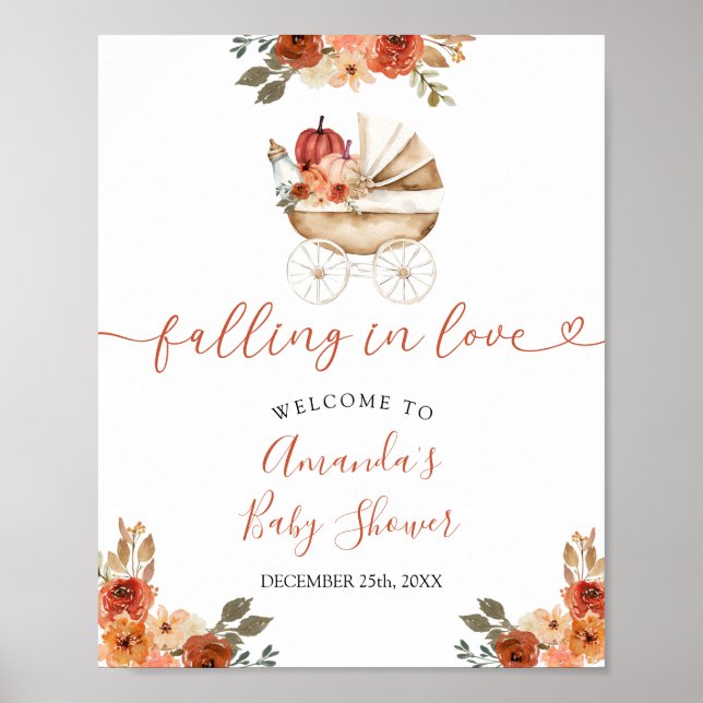 Póster Fall Pumpkin Stroller Floral Baby Shower Welcome (Frente)