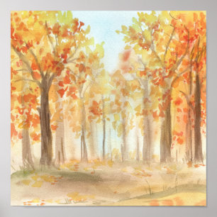 Póster Fall Trees Orange Leaves Watercolor Art Poster