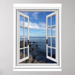 Póster Falsa ventana de la vista al mar azul del mar