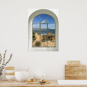 Póster Falsa ventana vista rocosa playa océano