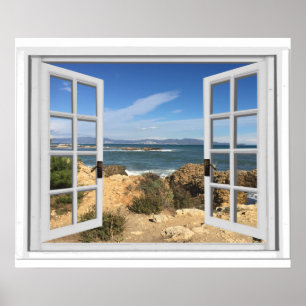 Póster Falsa vista de ventana playa rocosa océano 