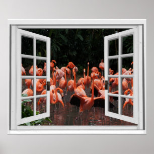 Póster Falsas vistas de ventana de flamencos rosados