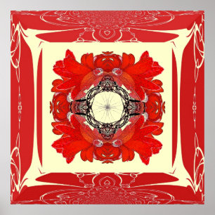 Póster Falso poster rojo de la flor del fractal del marco
