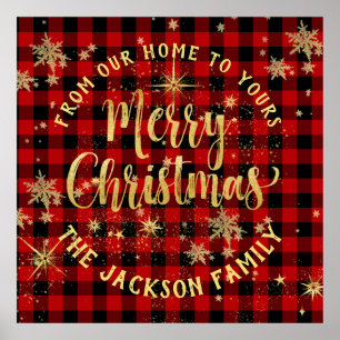 Póster Familia Buffalo Plaid Gold Script Feliz Navidad