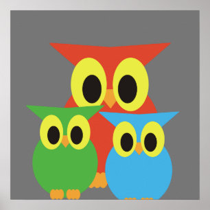 Póster Familia búho: rojo, verde y azul