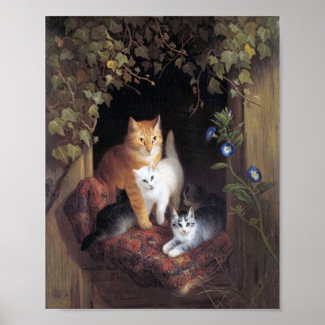 Póster Familia Cat y hoja de marfil de Henriette Ronner-K (Frente)