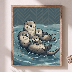 Póster Familia de adorables nutrias marinas, cartel de Ch