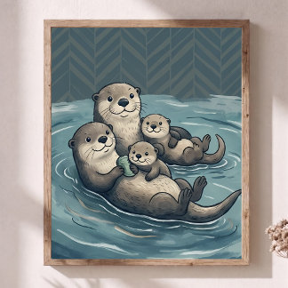 Póster Familia de adorables nutrias marinas, cartel de Ch