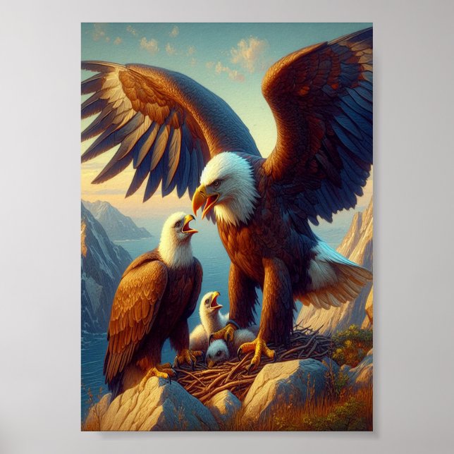Póster Familia de águilas anidando sobre un acantilado du (Frente)