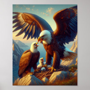 Póster Familia de águilas anidando sobre un acantilado du