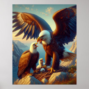 Póster Familia de águilas anidando sobre un acantilado du