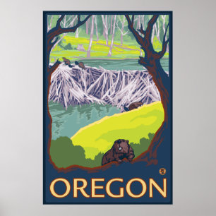 Póster Familia de Beavers construyendo una represa - Oreg