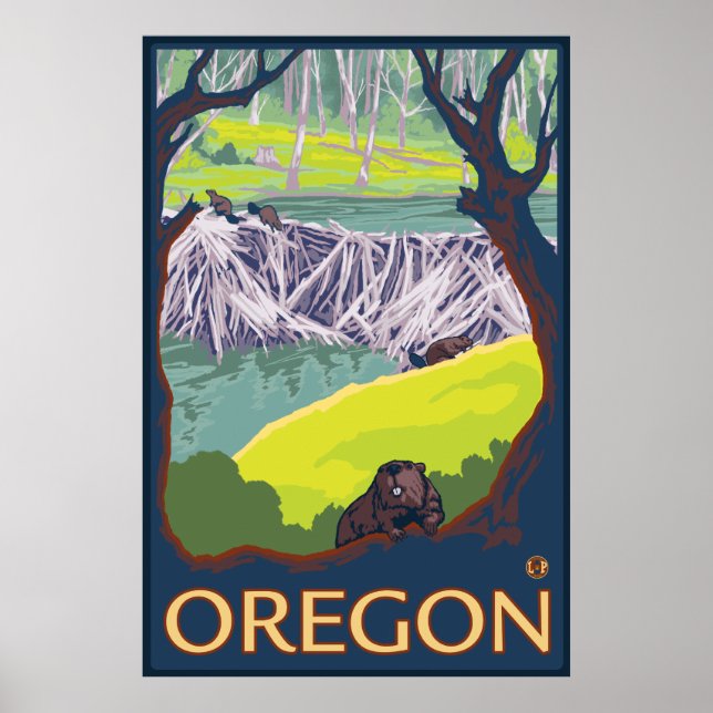 Póster Familia de Beavers construyendo una represa - Oreg (Frente)