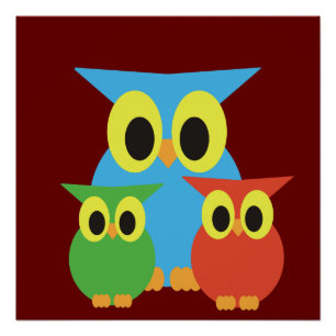 Póster Familia de búhos: azul, verde y rojo