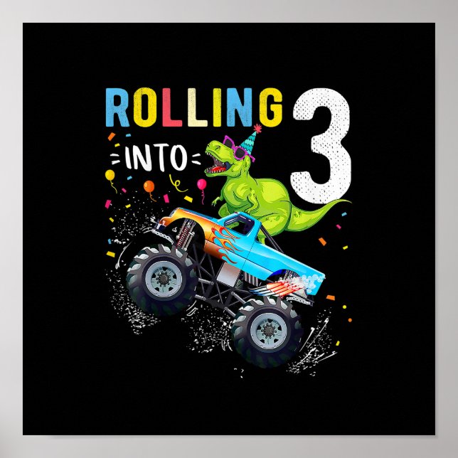 Póster Familia de Camiones Monstruos Dinosaurios de 3 año (Frente)