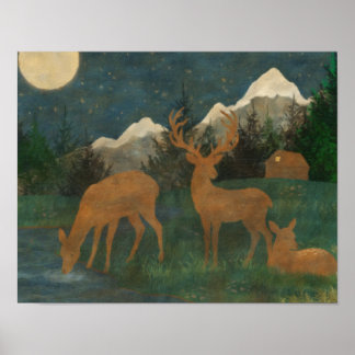 Póster Familia de ciervos junto a un arroyo Pintura Cotta