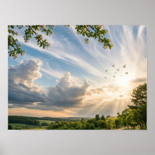 Póster Familia de ciervos pastando al atardecer con pájar