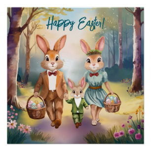 Póster Familia de conejos de Pascua cazando huevos - Acua
