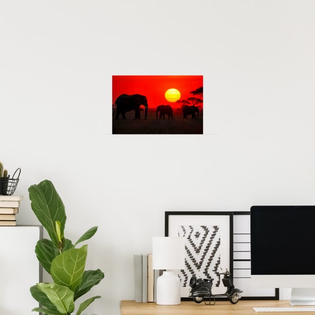 Póster Familia de elefantes al atardecer (Oficina en casa)
