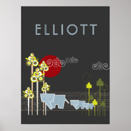 Póster Familia De Elefantes Whimsical En El Bosque Y Sol 