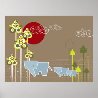 Póster Familia De Elefantes Whimsical En El Bosque Y Sol 