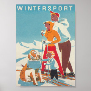 Póster Familia de esquí Wintersport y cosecha retro de pe