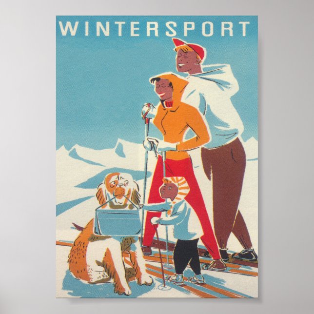 Póster Familia de esquí Wintersport y cosecha retro de pe (Frente)