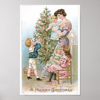 Póster Familia de la cosecha alrededor del árbol de Navid
