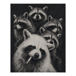 Póster Familia de Mapaches Vintage en Blanco y Negro