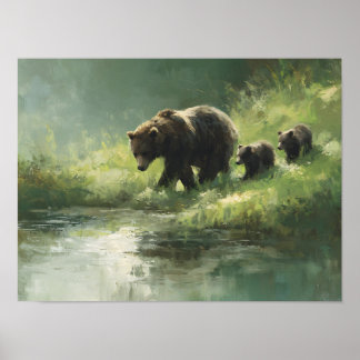 Póster Familia de osos grizzly junto al río 