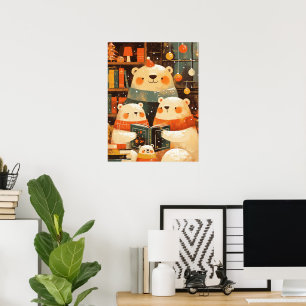 Póster Familia de osos polares leyendo juntos en Navidad