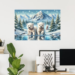 Póster Familia de osos polares paisaje montañoso nevado