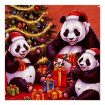 Familia De Pandas Abriendo Regalos De Navidad