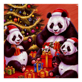 Póster Familia De Pandas Abriendo Regalos De Navidad