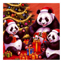 Familia De Pandas Abriendo Regalos De Navidad