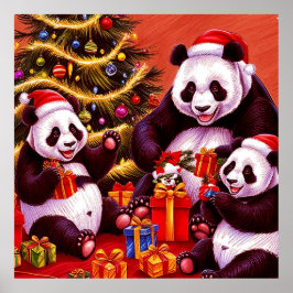 Póster Familia De Pandas Abriendo Regalos De Navidad