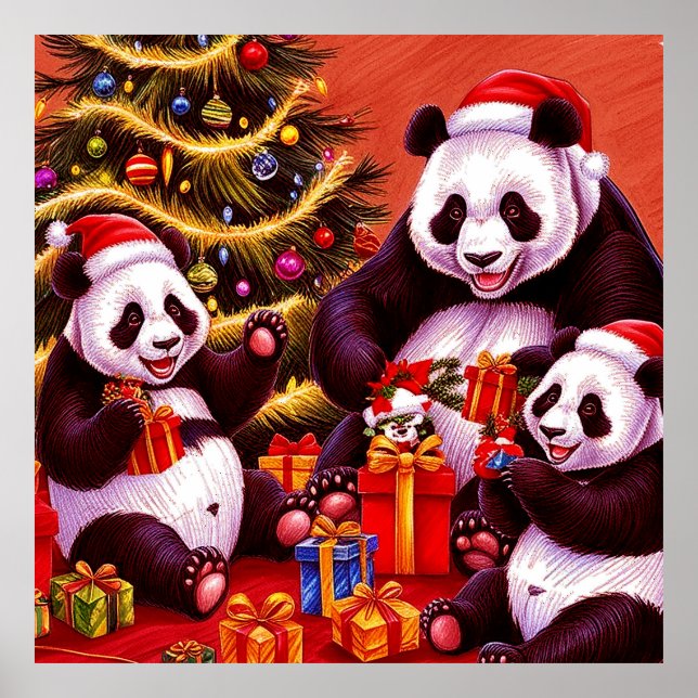 Póster Familia De Pandas Abriendo Regalos De Navidad (Frente)