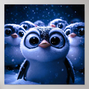Póster Familia de pingüinos lindos noche invernal nevada