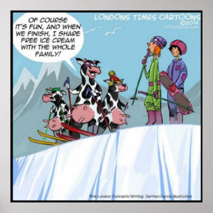 Póster Familia divertida de vacas esquíando en la nieve