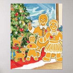 Póster Familia Gingbread con su árbol de Navidad