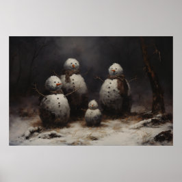 Póster Familia Jolly Snowmen en bosque oscuro